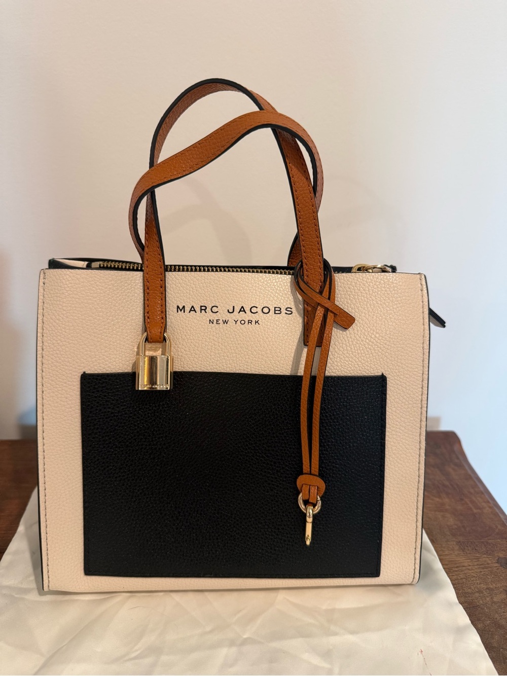 Marc Jacobs Cream Tote with Black Front Pocket and Tan Handles
